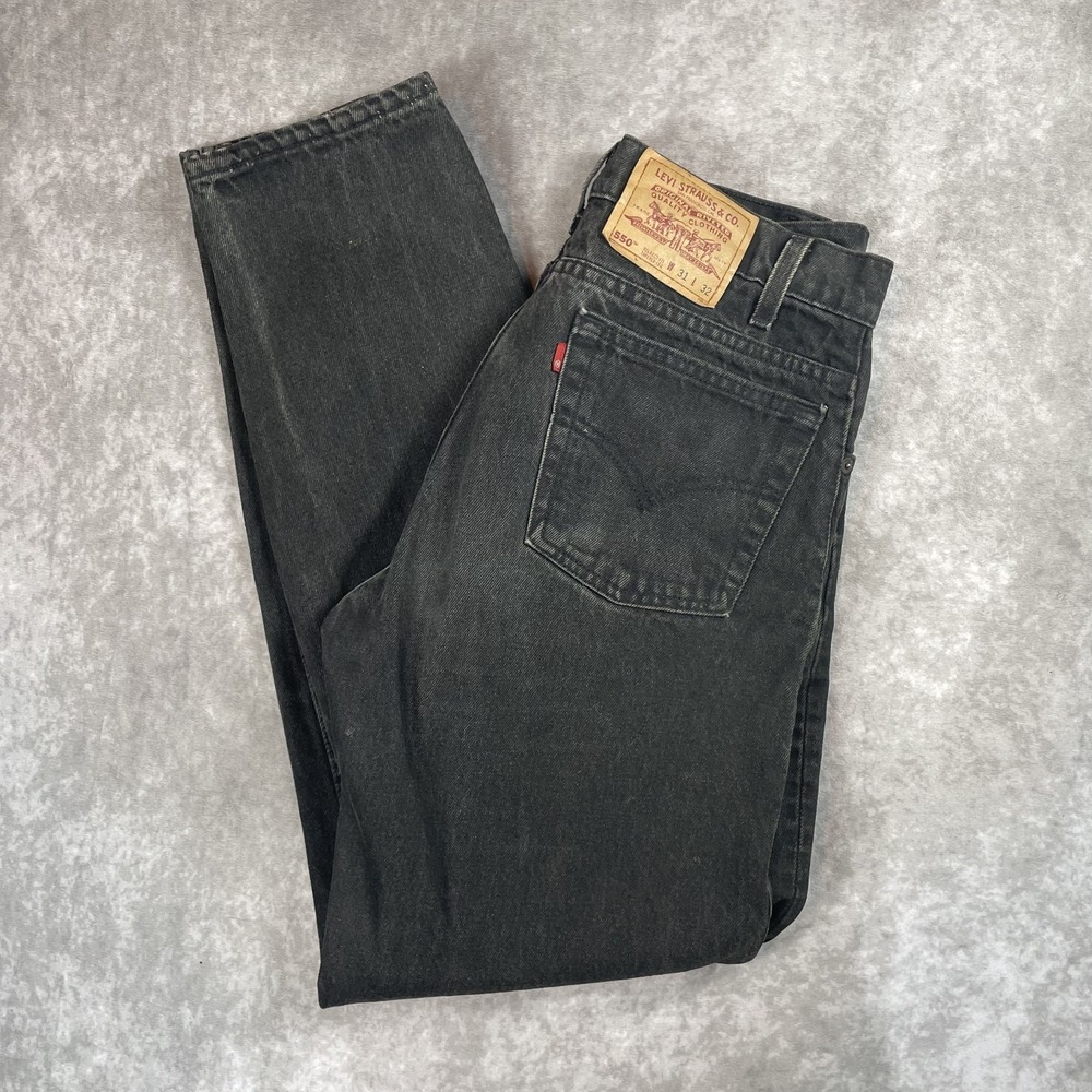 Levi's 550 Relaxed Fit Black Denim Jeans Straight Leg Button Logo Zip Mens 31x32
